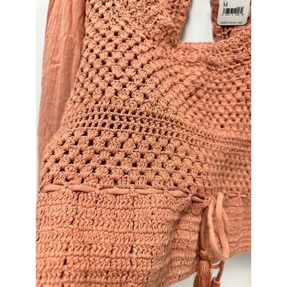 FREE PEOPLE Megan Crochet Romantic Puff Sleeve Cutouts Top in Coral Sand Sz M - Picture 10 of 16
